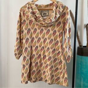 Effie’s Heart Cowl Neck Pima Cotton Tunic Pockets Leaf Pattern Long Shirt Retro
